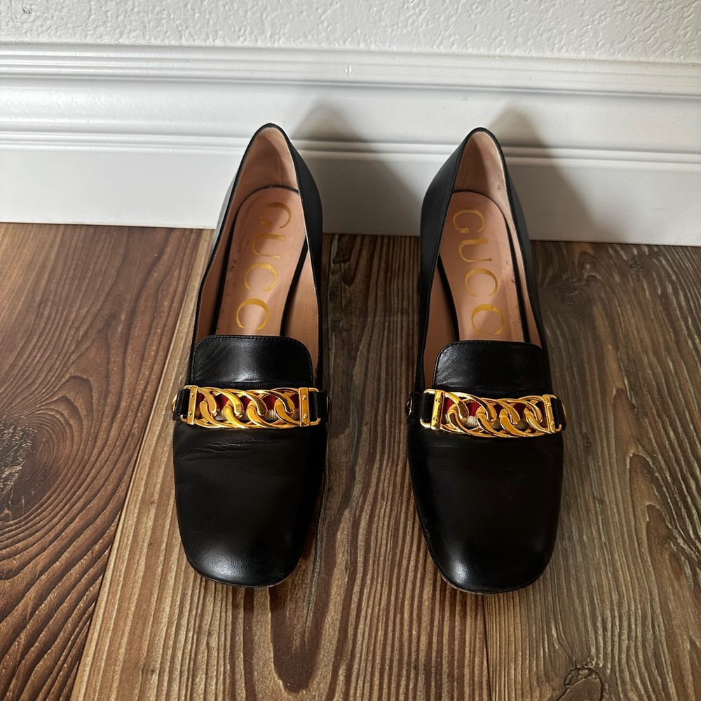 Gucci Sylvie Black Leather Chain Web Stripe Block Heel Pumps Shoes 37.5